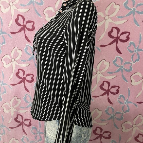 H&M divided Lace-Up Boho Nautical Shirt Blue Black Striped Size Medium 6 - Picture 3 of 9